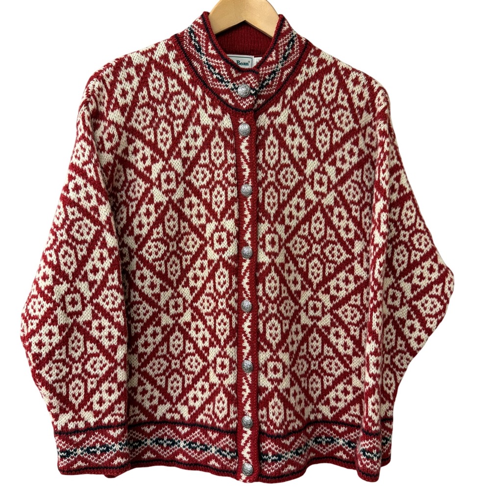 Vintage LL Bean Womens Nordic Fair Isle Cardigan Wool Size Medium Red Button USA